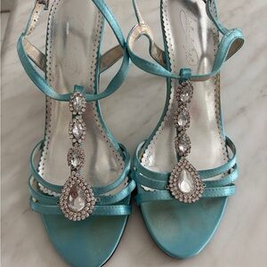 Michaelangelo by David’s Bridal Turquoise Satin Heels with Rhinestone Accents